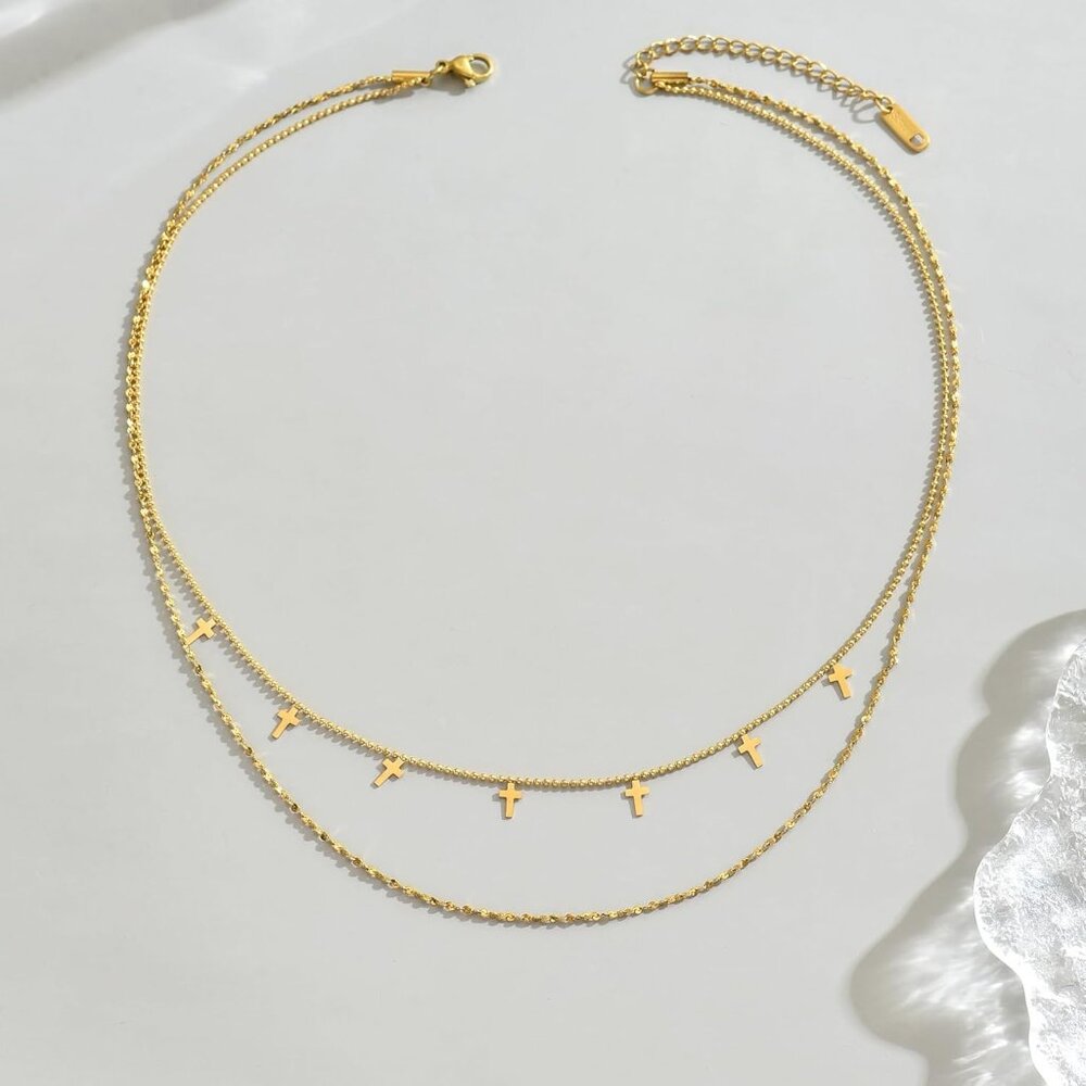 18K Gold Plated Star Cross Heart Charm Choker Necklace for Women Dainty Layered - Picture 6 of 8